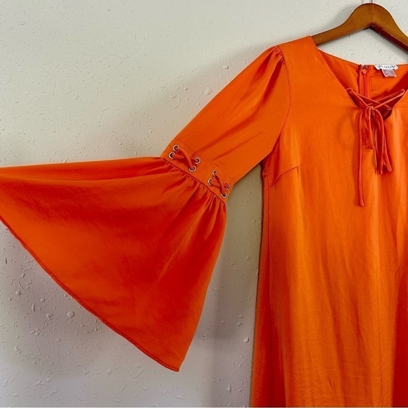 🦋 Venus Orange Bell Sleeve Lace Up Mini Dress Small Fall Halloween - Picture 2 of 7